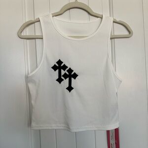NWT White Cropped Tank Top with Black Cross Design